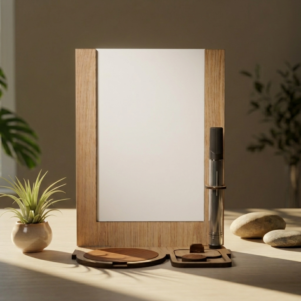 Solid wood desk whiteboard in warm sunlight on a desk - سبورة مكتب من الخشب الطبيعي