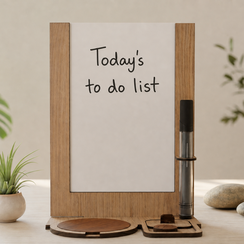 Desk whiteboard with today's to-do list written in marker - سبورة مكتب بقائمة مهام اليوم